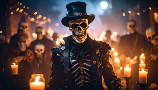 Macabre Elegance: Dapper Skeleton in a Top Hat at a Candlelit Soiree.