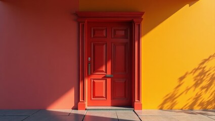 A vibrant red door stands out against a backdrop of warm orange and rosy red walls, casting inviting shadows.