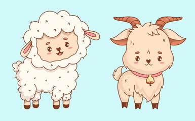 Obraz premium Cute White Sheep and goat. Adorable little Farm Animal. Isolated Funny kawaii character. Vector illustration. Kids collection