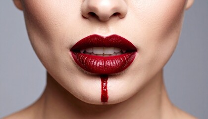 Obraz premium Macabre Beauty: Flawless Red Lips with a Single Striking Crimson Drip.