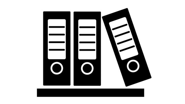 Flat animation of document binders and office files. Black and white minimalist archive icon suitable for business, office, paperwork, administration, and data management projects
