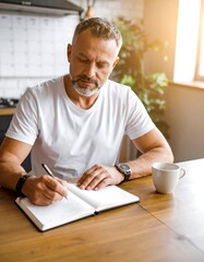 Man writing in a notebook at a kitchen table