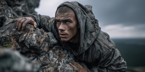 Obraz premium A young male climber makes his way across a rocky ledge. The intense expression and setting convey focus, resilience, and readiness. An exciting and risky journey. 