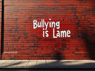 Stop bullying message painted on a red brick wall at a city sidewalk. Anti-bullying social issue message