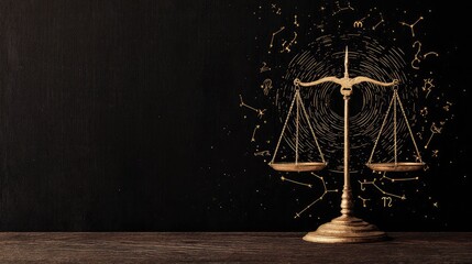 A golden balance scale on a dark wooden surface. The background features abstract golden patterns, symbolizing justice and fairness.