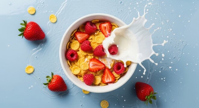 Healthy Breakfast Cereal with Fresh Berries and Splashing Milk