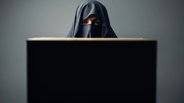 Mysterious Figure in Niqab Holding a Cardboard Box