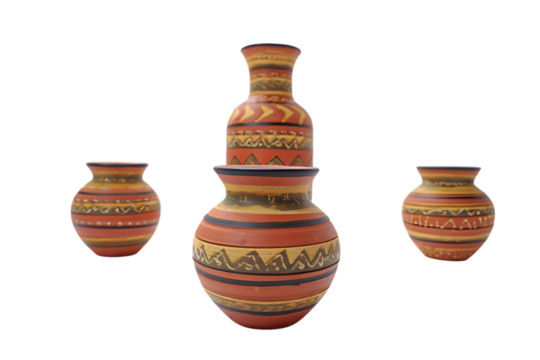 Collection of Four Traditional Terracotta Vases with Hand-Painted Tribal and Geometric Patterns