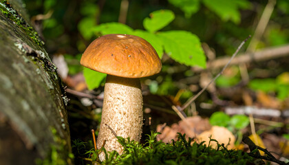 Edible mushroom growth on forest floor during autumn season