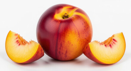 Fresh juicy nectarine with slices isolated against a clean white background for healthy eating