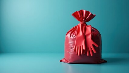 A vivid crimson plastic bag, adorned with matching gloves, stands on a teal backdrop.