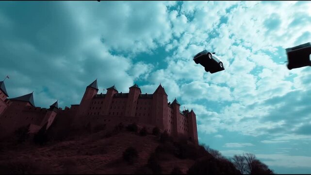 Medieval castle surrounded by hovering cars
