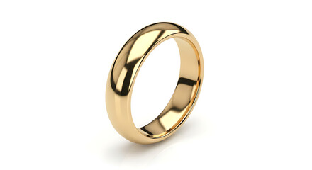 A single, polished gold wedding band is displayed against a white background, casting a soft shadow.