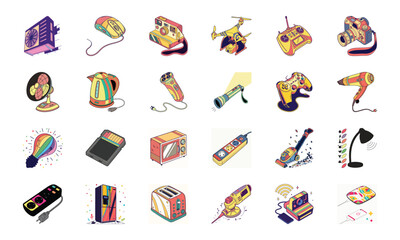 Colorful Vector Illustration Set of Modern Electronic Gadgets and Household Appliances – Camera, Drone, Game Controller, Hair Dryer, Electric Fan, Shaver, Kettle, Microphone, Cassette, Vintage TV, Ro