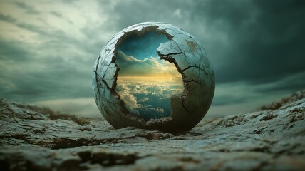 Cracked sphere revealing a sky filled with clouds and sunlight near a rocky surface at twilight