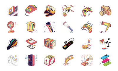 Colorful Vector Illustration Set of Modern Electronic Gadgets and Household Appliances – Camera, Drone, Game Controller, Hair Dryer, Electric Fan, Shaver, Kettle, Microphone, Cassette, Vintage TV, Ro