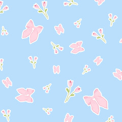 Pastel Pink Flowers and Bows Seamless Pattern on Light Blue Background