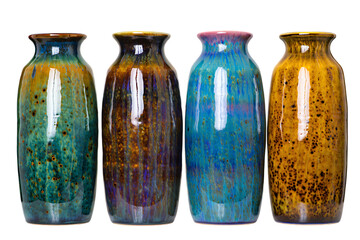 Collection of Four Vibrant Ceramic Vases with Unique Iridescent Speckled Glazes and Artistic Finishes