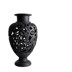 Ornate Black Carved Wooden Vase with Intricate Openwork Swirling Floral Patterns