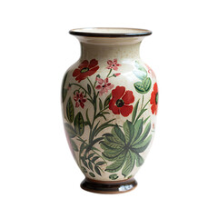 Vibrant Ceramic Vase with Hand-Painted Red Poppy Flowers and Green Foliage on Light Background