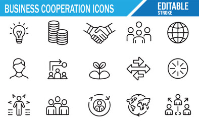 Business strategy icons with teamwork, growth, and partnership elements for corporate use.