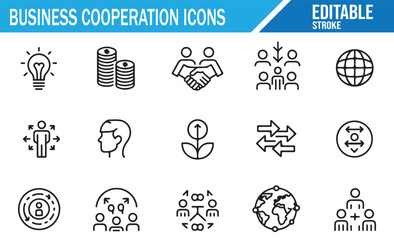 Set of business cooperation icons including partnership, growth, and strategy symbols.