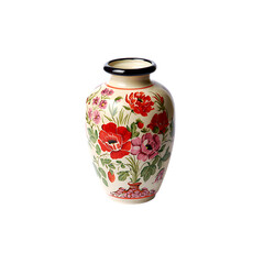 Elegant Ceramic Vase with Hand-Painted Red Poppy and Pink Floral Design on Cream Background