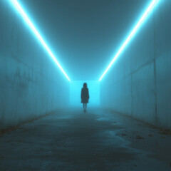 A lone figure walking into the light at the end of a blue illuminated tunnel