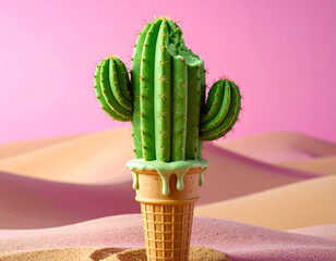 Dreamy Dessert: Hyper-Realistic Cactus Ice Cream Cone on Sand