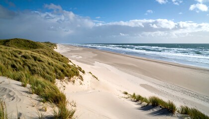 Expansive sandy beach curving gently to a restless sea under a bright, partly cloudy sky; dunes covered in beach grass