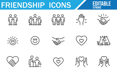 Collection of friendship-themed icons including happiness, handshakes, and relationships.