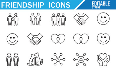 Set of friendship icons including handshakes, smiley faces, and animal companions.