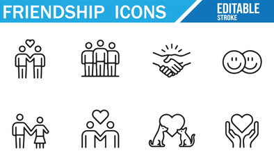 Fototapeta premium Set of friendship-related icons, including handshake, smiley faces, pets, and people forming connections, perfect for designs related to relationships, social bonds, and friendship themes.