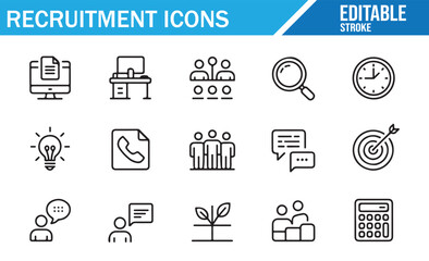 Vector illustration set of recruitment tools for job interviews, hiring, and HR management.