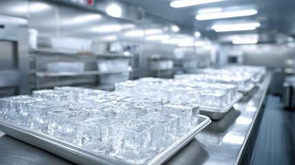 Fototapeta premium Trays of clear ice cubes arranged in rows, ready for use, in a clean industrial or food-service setting, showcasing organization and preparation.
