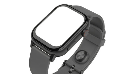 Close-up view of a modern smartwatch with a blank, white screen and a gray strap.