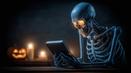 A glowing-eyed skeleton engrossed in reading a book at a candle-lit desk, with a jack-o'-lantern in the background. Halloween reading.