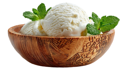 Cool and refreshing vanilla ice cream scoops in a rustic wooden bowl, garnished with fresh mint leaves.