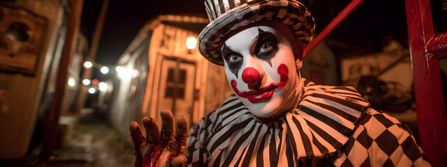 Obraz premium Evil clown performer in costume at a haunted house greeting visitors