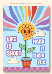 Groovy Poster Art Design with Colourful Sun, Cloud and Flowers Aesthetic, Groovy Font for Quotes: 