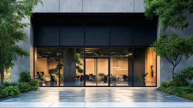 Outside view of a building featuring large windows and black roller shutters