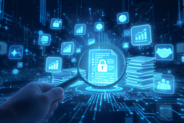 Digital security and data protection concept with a magnifying glass revealing a locked document surrounded by glowing blue data icons and circuits