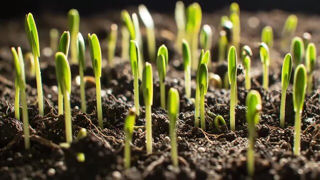 Close-up of Green Seedlings Sprouting from Dark Soil