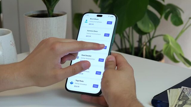 A person's hands demonstrate the online shopping experience for athletic wear. The process includes researching the product, ensuring the correct fit, and saving it for a potential future purchase.