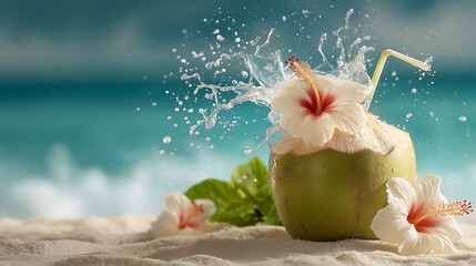A refreshing young coconut with straw and an hibiscus flower, splashing coconut water, placed on the sand, soft green tropical leaves and blue ocean in background

