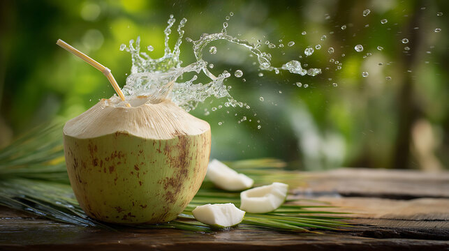 A refreshing young coconut with straw and splashing coconut water, placed on a rustic wooden table, soft green tropical leaves in background

