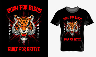 Tiger-Themed T-Shirt: A fierce tiger design, featuring a bold aesthetic with striking red accents and sharp typography, ready for apparel and design needs. 
