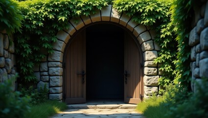 A weathered stone archway with a wooden door opens into a sunlit garden passage.
