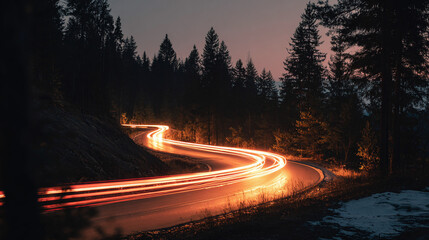 Streaks of car lights on a winding mountain road at night, illuminated by the glow of headlights through the forest. Serene landscape travel at dusk.