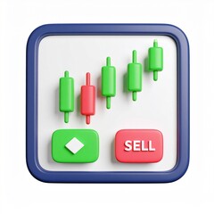 3D Render of a Trading App Icon Showing Stock Market Growth and Sell Button.